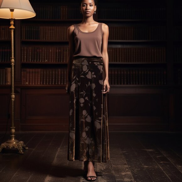 Jones New York Deep Chocolate Brown Burnout Velvet Midi Skirt - Sz 2 - Picture 2 of 6